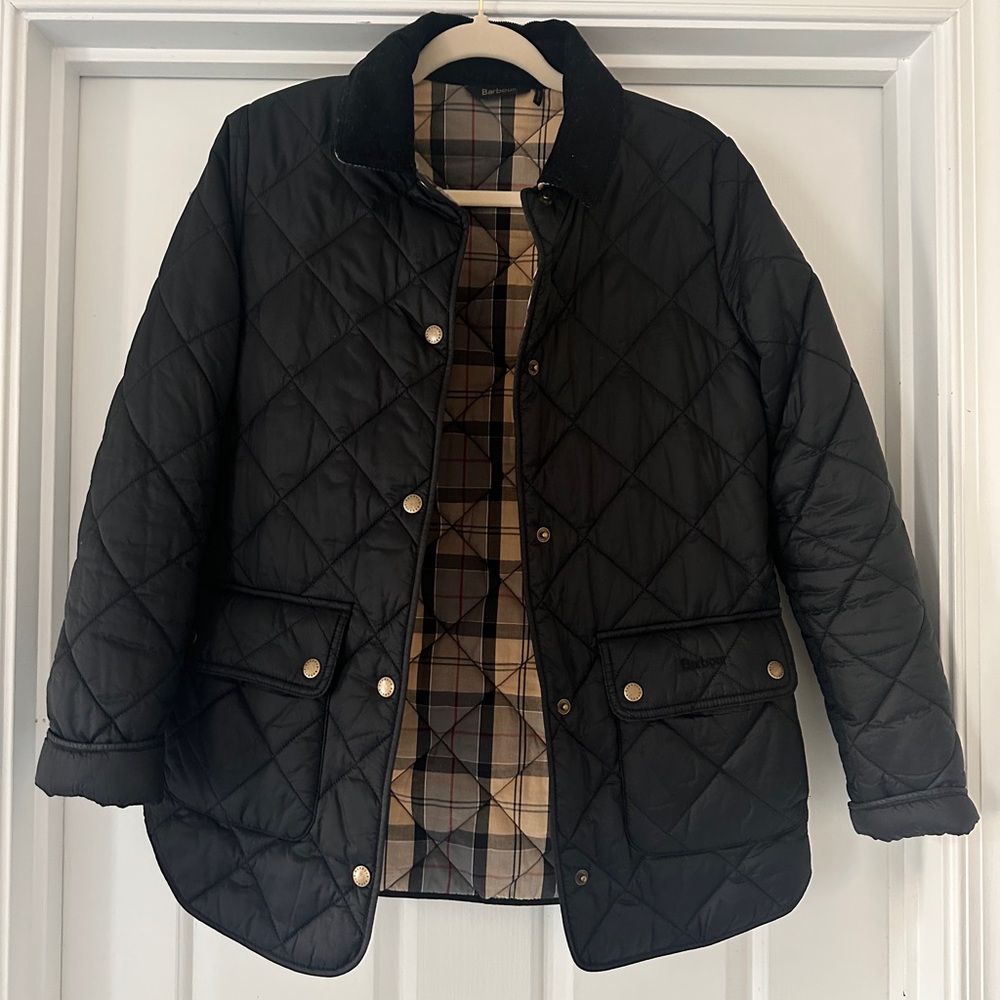 Black Barbour Quilted Jacket with Plaid Lining